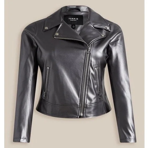 Torrid Plus Size 0X Metallic Faux Leather Moto Biker Jacket Silver Gray - Picture 1 of 11